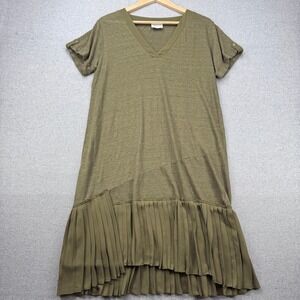 Wrap London Linen Pleated Hem Dress Womens 10 Olive Green V-Neck Short Sleeve